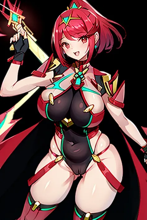 pyra (xenoblade), teen_1girl, , armor, bangs, black gloves, breasts, red eyes, light_open_mouth, earrings, eyelashes, fingerless gloves, floating hair, framed breasts, gem, gloves, hair ornament, headpiece, jewelry, big_breasts, leaning back, swimsuit, neo...