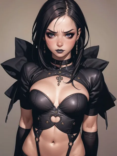 (((best qualityer))), (((manga strokes))), goth girl with very heavy makeup, straight black hair covering one eye, very white skin, black tee, look heavy metal fã, bracelets with small spikes, choker, ripped pants and/or beaten, black lipstick, gloves with...