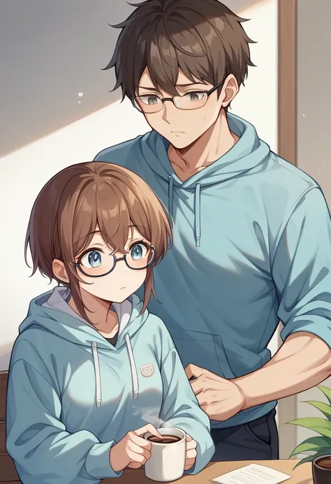 (Male to female ratio、1:1)girl、Brown Hair、long hair、Small breasts、Summer clothes、Cute and stylish clothes、Cafe、Holding coffee in hand、((man、Black short hair、Glasses、Light blue hoodie、))