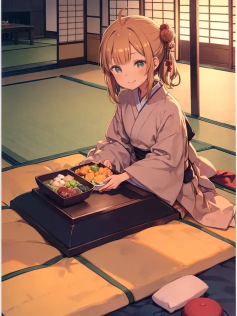 Tabletop, Super Detail, Highest quality, cute , sweater, Sit in a kotatsu, Ahoge, smile, Calm, comfortable, Traditional Japanese room, orange on the table