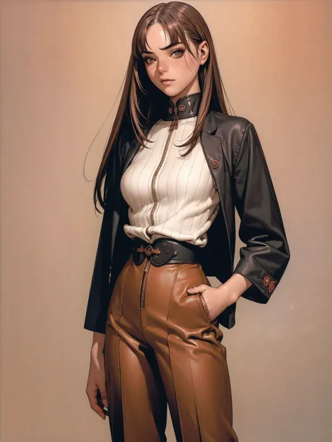 (best qualityer))), (((manga strokes))), (((long dark hair with straight bangs and copper highlights))), freckles, (((wide pants with 2 side stripes))), uma Kizi jovem muito bem vestida com roupas modernas de inverno, top gift vertical stripes, short jacke...