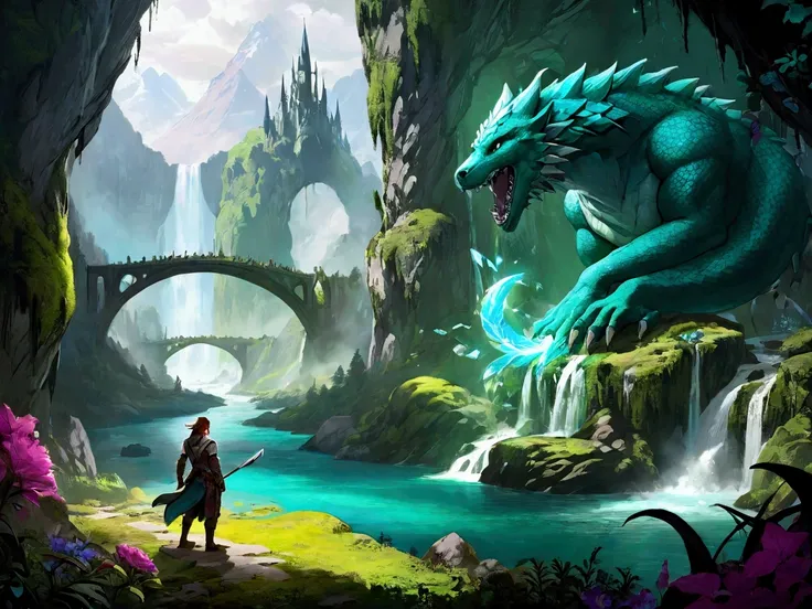 "A panoramic view of a wild and mystical world, with towering mountains, dense forests, and winding rivers. Various monstrous creatures, in dynamic poses, are scattered across the scene. The main character classes - hunters, rangers, wardens, and chefs - a...