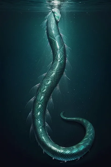 The Serpentebossa has a long, serpentine body, covered in iridescent scales ranging from green to blue. Its head is flat and resembles that of a water snake., with large eyes adapted for underwater vision. It has long, flexible dorsal and ventral fins, whi...