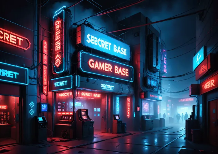 a neon blue and red sign that reads (secret gamer base), intricate neon signage, futuristic cyberpunk setting, dramatic lighting...