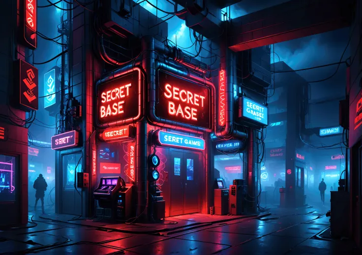 a neon blue and red sign that reads (secret gamer base), intricate neon signage, futuristic cyberpunk setting, dramatic lighting...