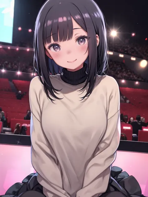 One Girl、Black Hair、Bob Hair、Medium Long Hair、Droopy eyes。smile、blush、Turtleneck sweater、Long skirt、Put your hands together、Watching the audience、Upper Body、