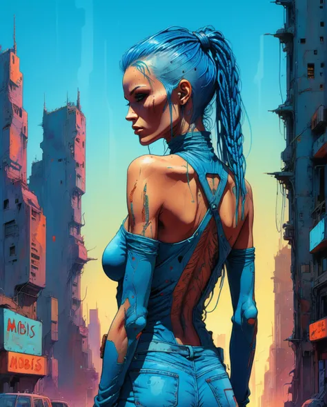 Mobis (Jean Giraud) Style - A picture by Jean Giraud Mobis, (best quality, masterpiece:1.3), 1girl, superhero, bodysuit, blue hair, long braid, ruined city, cyberpunk, neon, backlight