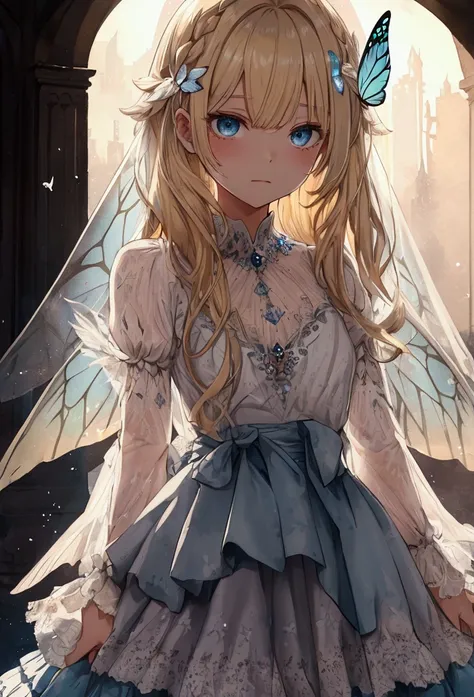 detailed, {{{empty eyes,hollow eyes}}},{{{watercolor (medium)}}}, light particles,shining butterfly,{{{crystal wings}}},,blonde hair,feathers,ruby,aquamarine,{{{damaged wings}}},flying,{{{ backlighting}}}, white dress,torn wings,blue eyes, dust,sad, torn c...