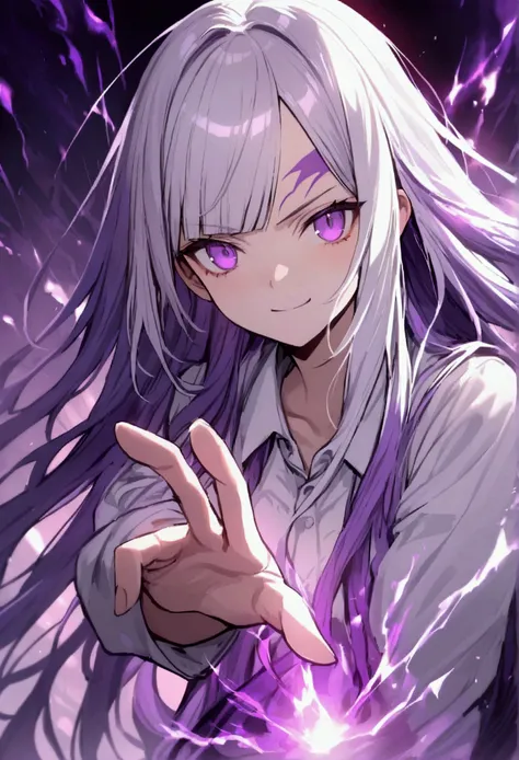 Teenage girl, tidy hair, long hair, long straight bangs, multicolored purple and white hair, purple eyes, serious face, white  shirt, left hand extended forward, a bright purple amethyst on the forehead, purple tattoos on the body, purple aura of energy ar...