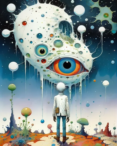 Mobis (Jean Giraud) Style - A picture by Jean Giraud Mobis, microorganism、plant、Marine life、1Stars dripping from the one eye、Starry Sky，Stitched into an abstract painting，Describing the inner world of autistic people，Sense of space，White Space，Childish lin...