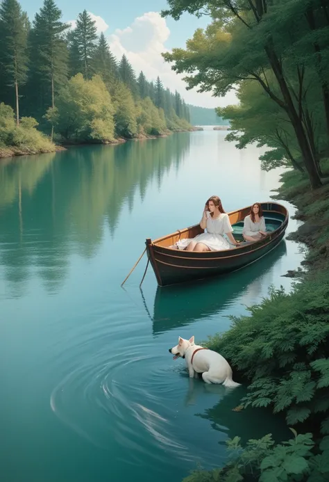 Collage of 21-year-old healthy looking beautiful girl in pure white kurti and trouser with white dog in hand sitting in boat surrounded with water and green trees 