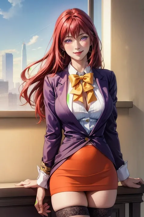 (high quality:1.2), intricate detailed, digital art,
TakashiroHiroko, 1girl, mature female, solo, hand on hip, holding book, cowboy shot,
looking at viewer, smile, blush,
purple eyes, long hair, red hair, earrings, jewelry, 
teacher, unbuttoned blouse, yel...