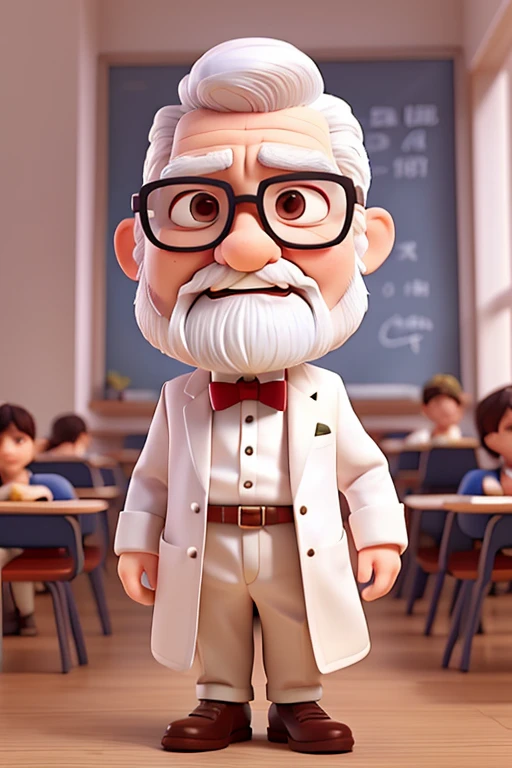 short little man, open mouth, 70 years old, He has a white beard, white mustache, White hair, teacher, wearing white coat and bow tie, wear glasses, Hands on waist, very angry