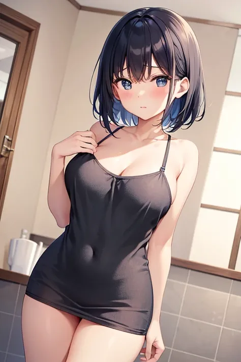 家のbath場,bath,シャワーを浴びているnakedの女の子,Are standing,Looking forward,naked,Big Breasts,Big ,Nipples are visible,Black Hair,Short Hair,Blue Eyes,No clothes,blush,Feeling embarrassed,naked,正面から見るAre standing,Not looking at me,Looking away,Turn away,Thick thighs,Ang...