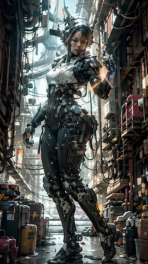 ((best quality)), ((masterpiece)), ((realistic)), (detailed), (photo-realistic:1.5), futuristic girl, (thick body), (white bodysuit), lights on armor, cybernetic headwear, looking at viewer, dynamic pose, post-apocalyptic, destroyed city background, buildi...