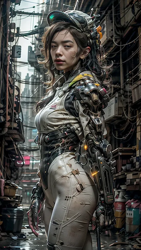 ((best quality)), ((masterpiece)), ((realistic)), (detailed), (photo-realistic:1.5), futuristic girl, (thick body), (white bodysuit), lights on armor, cybernetic headwear, looking at viewer, dynamic pose, post-apocalyptic, destroyed city background, buildi...