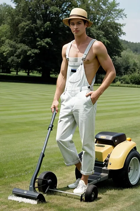 Young handsome cute beautiful white face skinny shirtless naked with short overalls gardener cutting grass on a grass cutting machine hat