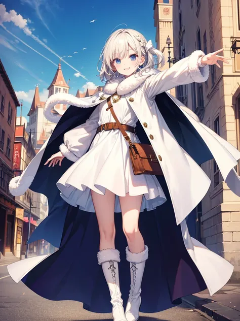 Raise your arms,smile,surely_Overgra,puppet, Cape, dress, short dress, Long sleeve, jewelry, boots, belt, white Cape, White footwear, Shoulder bag, Fur trim,town,it&#39;s snowing,On the snow, (masterpiece, Highest quality, Very detailed, Best Shadow)