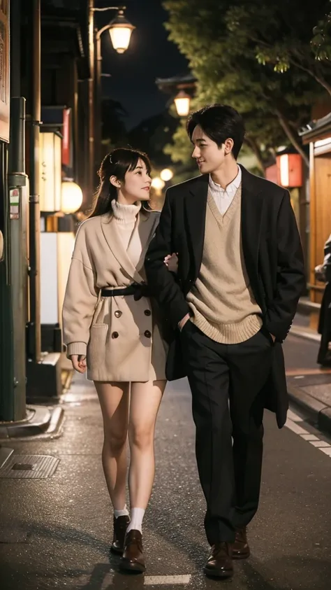 A couple is romantic in the streets of Japan. The couple is wearing short clothes. This girl has a big buttocks. Its evening, winter, under the cherry tree.