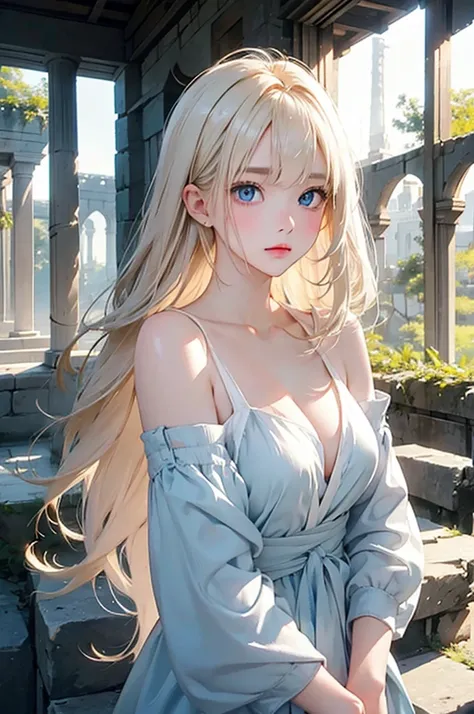 Beautiful white and shining skin、Blonde hair changes color depending on how the light hits it.、Long bangs obstruct the view、Highlights of cheek luster、Sexy, very beautiful, adorable, cute, gorgeous face、The most beautiful face in the world、Super long and g...