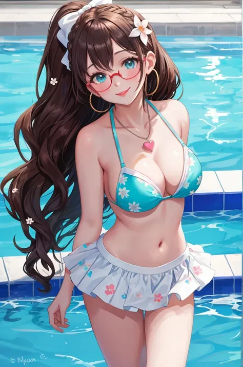 A beautiful girl in a bikini walking next to a pool, 20 year old girl, anime girl, blue bikini printed with white flowers, filly bikini with microskirt, solo, looking to the side, big rounds breasts, dark brown hair, gradient bangs, long hair, hair over sh...