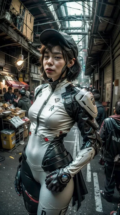 ((best quality)), ((masterpiece)), ((realistic)), (detailed), (photo-realistic:1.5), futuristic girl, (thick body), (white bodysuit), lights on armor, cybernetic headwear, looking at viewer, dynamic pose, post-apocalyptic, destroyed city background, buildi...