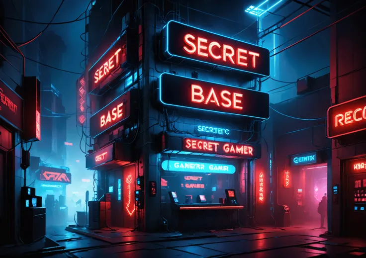 a neon blue and red sign that reads (Secret Gamer Base), intricate neon signage, futuristic cyberpunk setting, dramatic lighting, volumetric fog, highly detailed, 8k, ray tracing, cinematic, moody atmosphere, vibrant colors, dynamic composition, photoreali...
