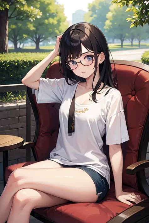 highest quality、masterpiece、high sensitivity、high resolution、detailed description、slender women、glasses、summer clothes、sit down、...