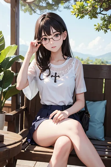 highest quality、masterpiece、high sensitivity、high resolution、detailed description、slender women、glasses、summer clothes、sit down、...