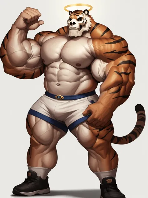 simple background, Solo, 1boy, perfect anatomy, Shinigami, perfect proportion, tiger skull head, tiger skull face, perfect center, sharp eyes, big eyes, peaceful, angel eyes, halo, (smile, happiness), calm, perfect fingers, big hand, fingers. Huge Muscular...