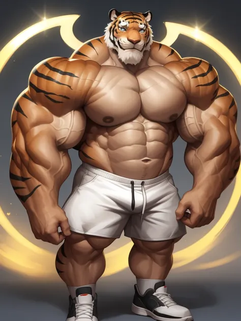 simple background, Solo, 1boy, perfect anatomy, Shinigami, perfect proportion, tiger skull head, tiger skull face, perfect center, sharp eyes, big eyes, peaceful, angel eyes, halo, (smile, happiness), calm, perfect fingers, big hand, fingers. Huge Muscular...