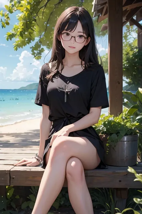 highest quality、masterpiece、high sensitivity、high resolution、detailed description、slender women、glasses、summer clothes、sit down、...