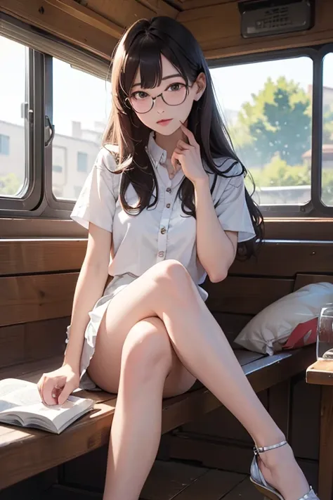 highest quality、masterpiece、high sensitivity、high resolution、detailed description、slender women、glasses、summer clothes、sit down、...