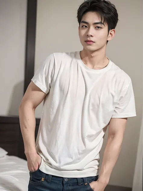 a young asian man stands, handsome, detailed smirk, muscular, looking at the camera. wearing tight t-shirt, in a hotel room