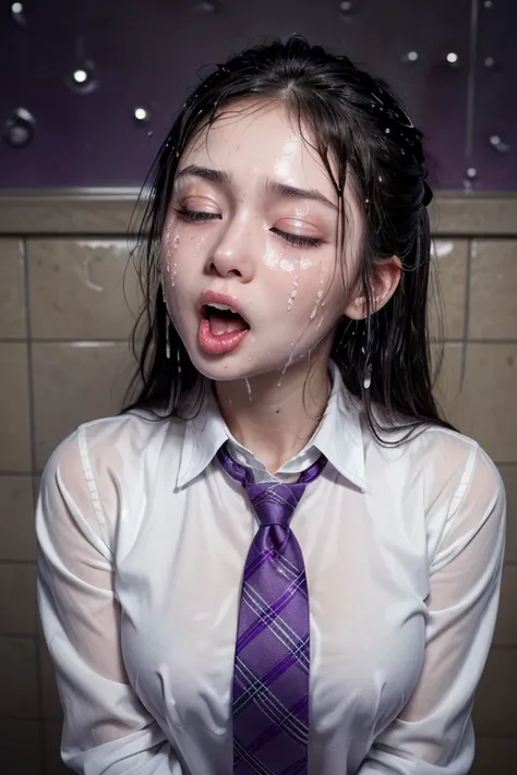 high quality, detailed,a girl with white water drops on her face.bathe in white water,lots of white water droplets.(at night:2.0),green eyes.she is 13 years old japanese bitch gal,prostitute,she has a mole under her eye,(smallest breasts),(wearing long sle...