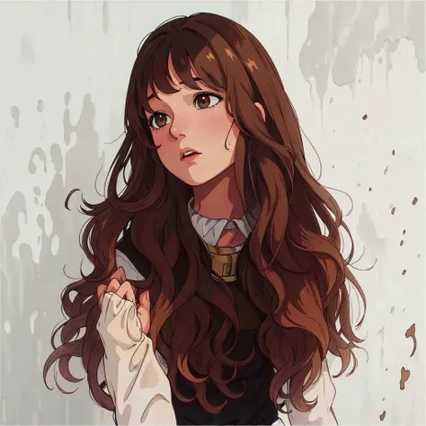 (best quality:0.8) perfect anime illustration, a close up of a woman with long brown hair and a choke, brown long hair with bangs, light brown long wavy hair, long hair with bangs, long hair with full bangs, long brown wavy hair, long wavy brown hair, brow...