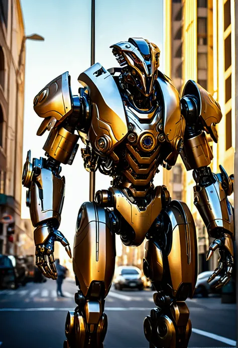 (Mechanical Creature, Mechanical body:1.2), On the streets of a future city, a tall mechanical warrior stands on a street corner, its body made of metal and high-tech materials, covered with various sensors and weapon systems on its surface. Its gaze was s...