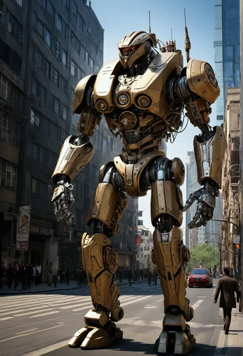 (Mechanical Creature, Mechanical body:1.2), On the streets of a future city, a tall mechanical warrior stands on a street corner, its body made of metal and high-tech materials, covered with various sensors and weapon systems on its surface. Its gaze was s...