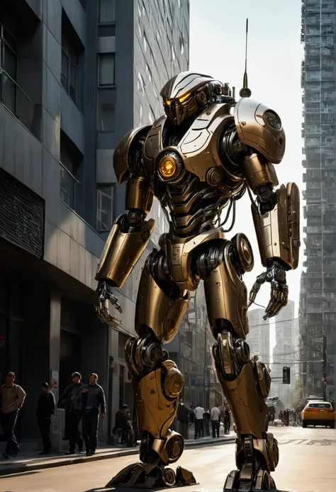 (Mechanical Creature, Mechanical body:1.2), On the streets of a future city, a tall mechanical warrior stands on a street corner, its body made of metal and high-tech materials, covered with various sensors and weapon systems on its surface. Its gaze was s...