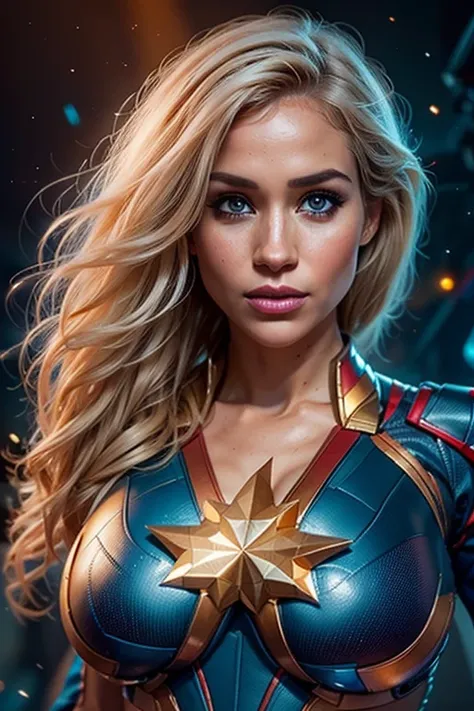 Meghan Markle, wearing Captain Marvel costume sexy clothes, her costume is transparent, (revealing her skin), professionally retouched, soft lighting, realistic, smooth face, perfect eyes, sharp focus on eyes, 8 k, high definition, insanely detailed, intri...