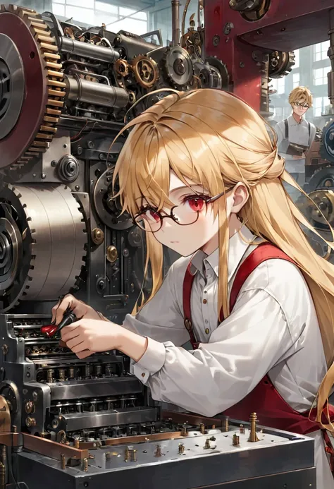 one young boy, red ruby eye, beautiful face like girl, blonde long hair, in white shirt, repairing machine, glasses. noble.