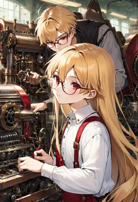 one young boy, red ruby eye, beautiful face like girl, blonde long hair, in white shirt, repairing machine, glasses. noble.