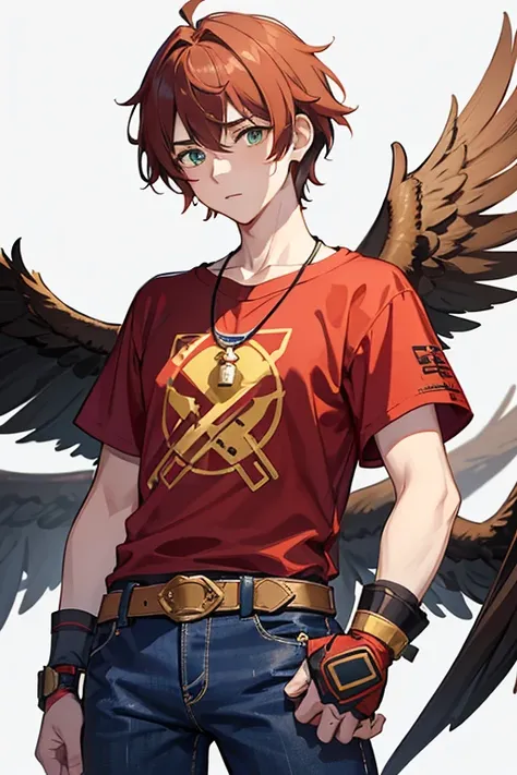 Xiao from Genshin Impact, boy, 16 years old, messy reddish brown hair, green eyes, open red t-shirt with black wing print, necklace with a golden cross, blue jeans, looking in profile directly at the viewer, white background