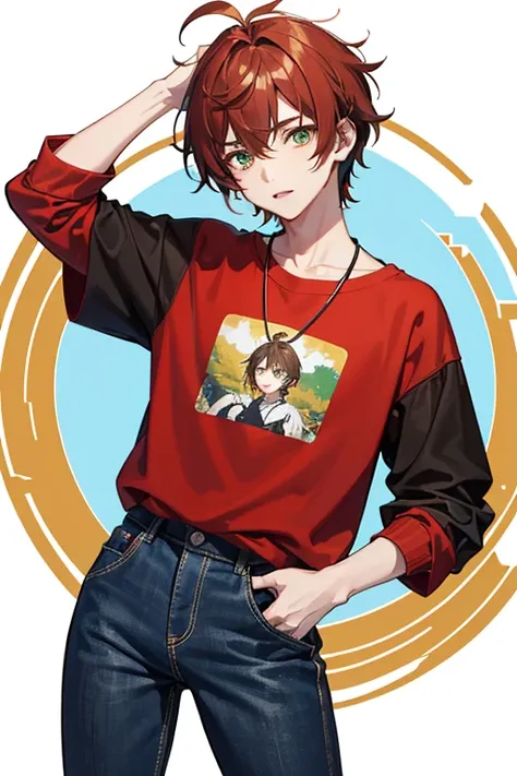 Xiao from Genshin Impact, boy, 16 years old, messy reddish brown hair, green eyes, open red t-shirt with black wing print, necklace with a golden cross, blue jeans, looking in profile directly at the viewer, white background