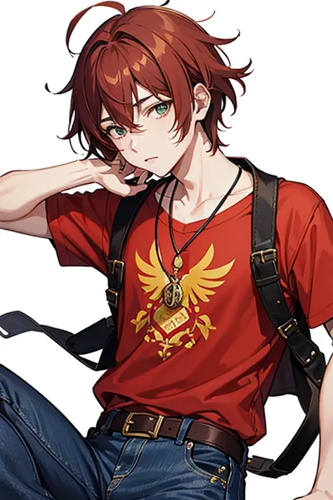 Xiao from Genshin Impact, boy, 16 years old, messy reddish brown hair, green eyes, open red t-shirt with black wing print, necklace with a golden cross, blue jeans, looking in profile directly at the viewer, white background