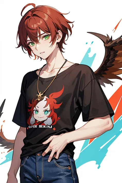 Xiao from Genshin Impact, boy, 16 years old, messy reddish brown hair, green eyes, open red t-shirt with black wing print, necklace with a golden cross, blue jeans, looking in profile directly at the viewer, white background