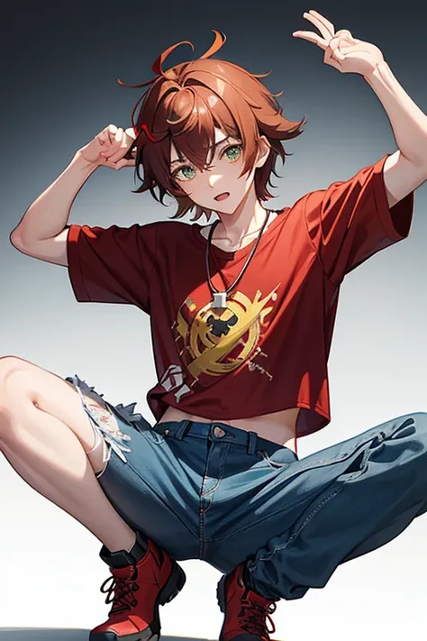 Xiao from Genshin Impact, boy, 16 years old, messy reddish brown hair, green eyes, open red t-shirt with black wing print, necklace with a golden cross, blue jeans, looking in profile directly at the viewer, white background