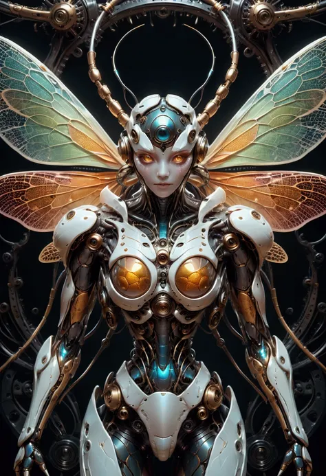 mechanical creature, mechanical dragonfly, intricate artwork, nightmare creature, perfect eyes, delicate skin, luminism, macro p...