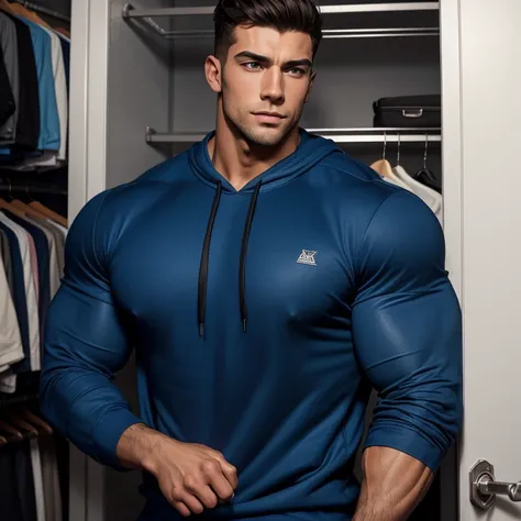 a very handsome young man, massively muscular, with massively large muscles, with massively large biceps, with massively large arms, wearing a blue sweatshirt with long sleeves, in a very cramped closet, seen from very close up