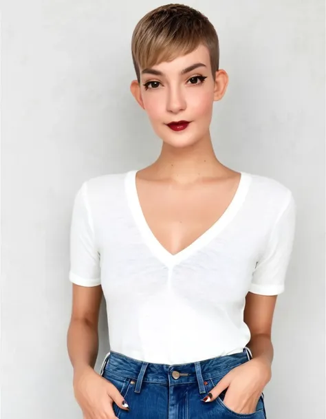 a pretty young woman, 24 years old, with a short buzzcut hairstyle, head shave, bald, short neck, wearing a v-neck tight white s...